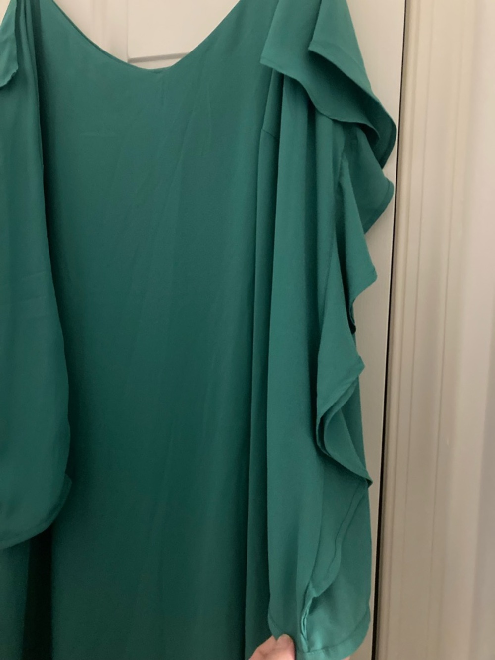 LOFT Plus Green Cold-Shoulder Ruffle Shift Dress - Picture 3 of 5